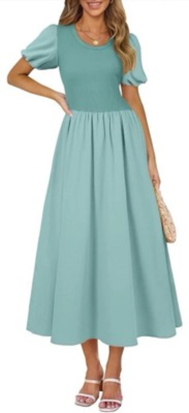AlvaQ Women Dress Spring Summer Puff Sleeve Midi Dress High Waist Ruffle-SIZE L